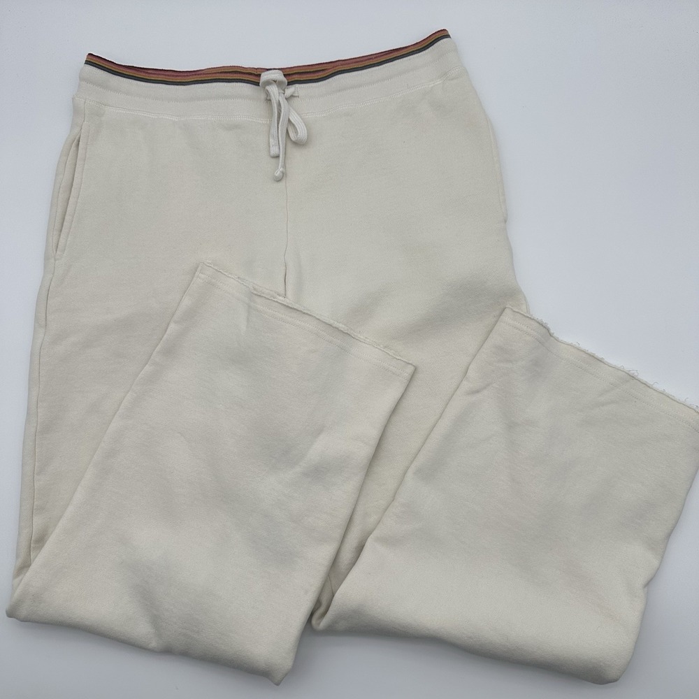 Marine Layer Women's Cloud 9 Size S Wide-Leg Fleece Pants Raw Hem Cream Rainbow